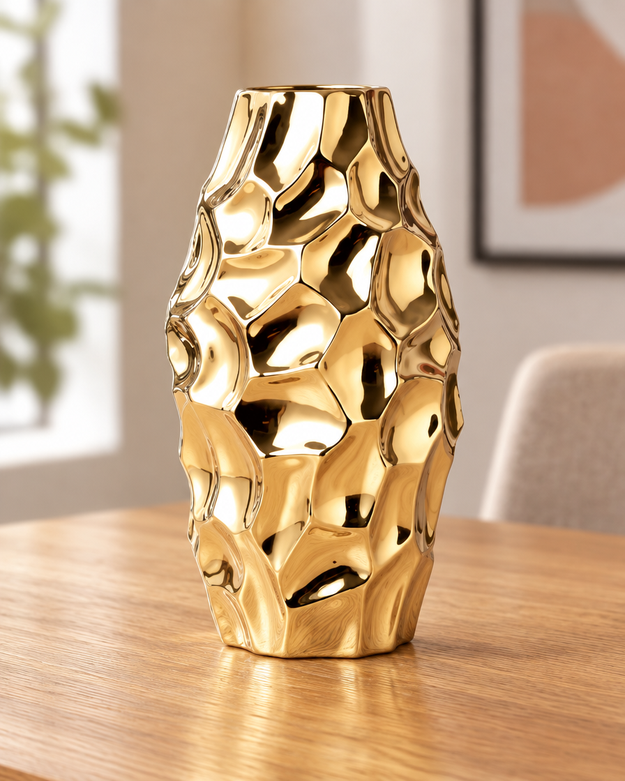 Close-up of the finish of the gold hammered-finish ceramic vase