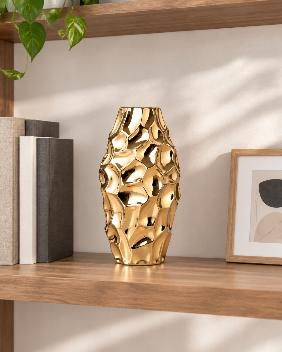 Gold Hammered-Finish Ceramic Vase on a wooden shelf