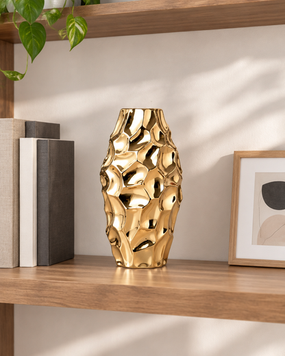 Gold Hammered-Finish Ceramic Vase on a wooden shelf