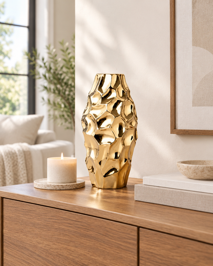 Gold Hammered-Finish Ceramic Vase on a console table