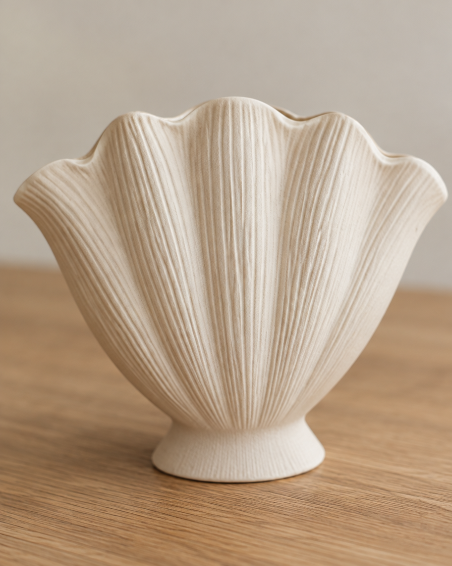 Close-up of the finish of the cream ribbed scallop shell ceramic vase