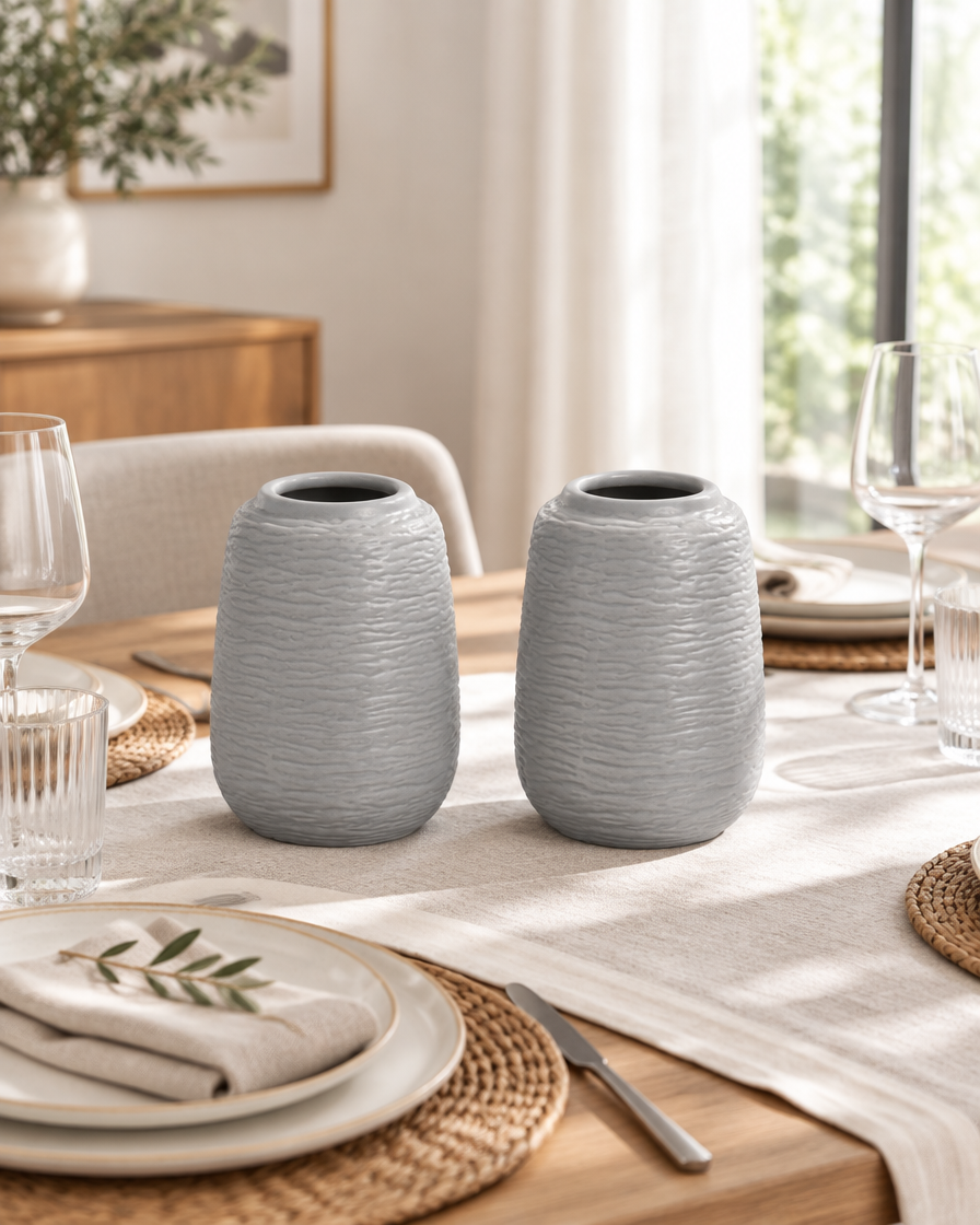 Set of 2 Grey Embossed Ceramic Vases on a dining table