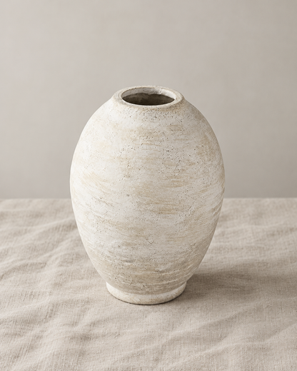 Weathered Ivory Oval Ceramic Vase, shown alone on a linen background