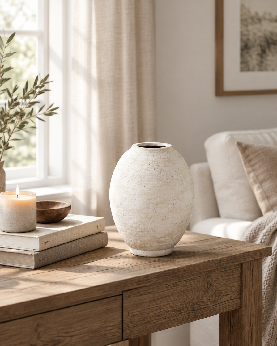 Weathered Ivory Oval Ceramic Vase on a console table