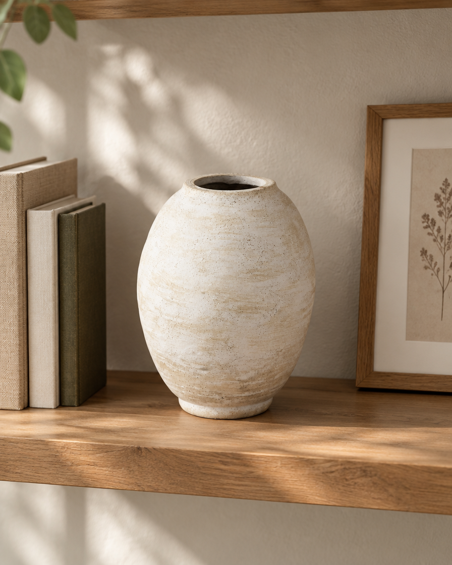 Weathered Ivory Oval Ceramic Vase on a wooden shelf