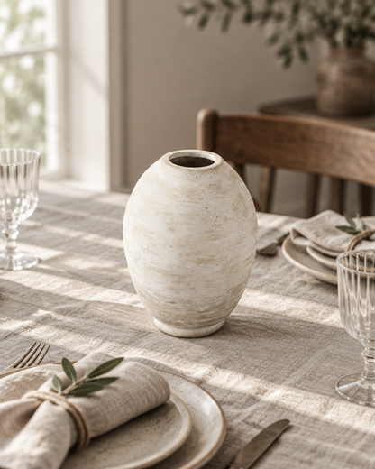 Weathered Ivory Oval Ceramic Vase on a dining table