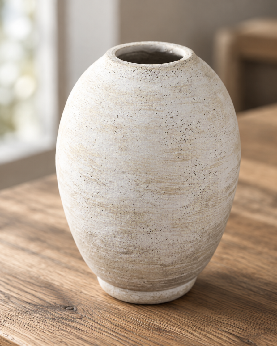 Close-up of the finish of the weathered ivory oval ceramic vase