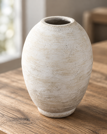 Close-up of the finish of the weathered ivory oval ceramic vase