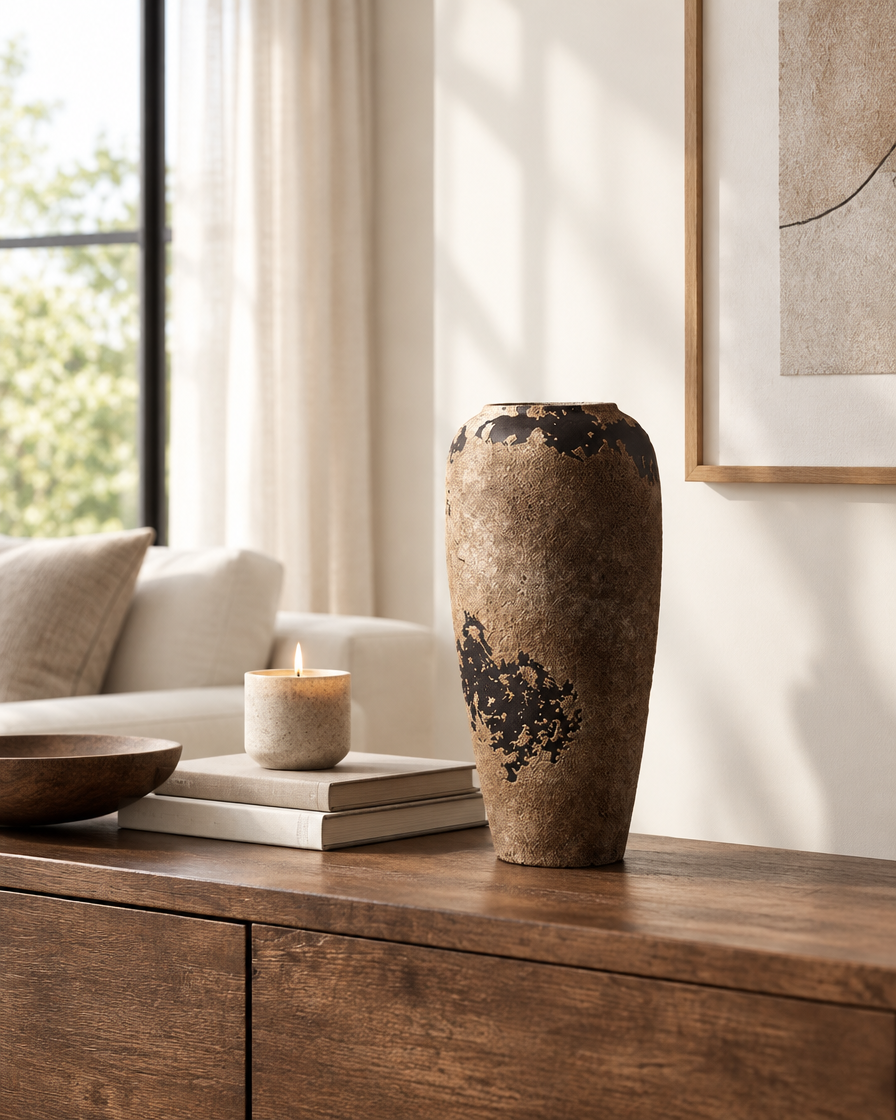 Weathered Brown Rustic Ceramic Vase on a console table
