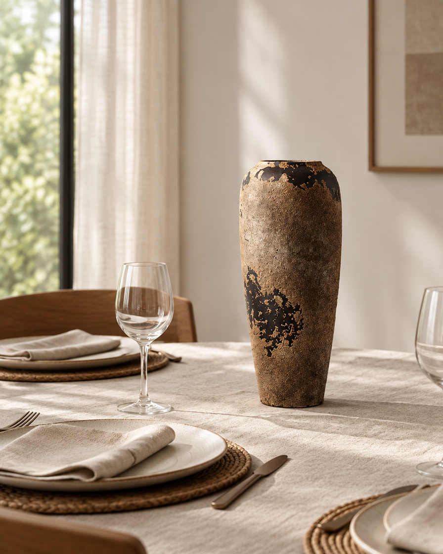 Weathered Brown Rustic Ceramic Vase on a dining table
