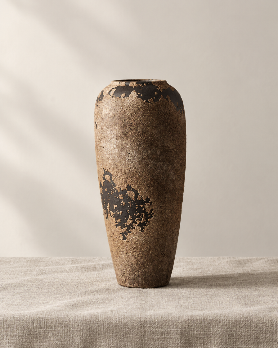 Weathered Brown Rustic Ceramic Vase, shown alone on a linen background