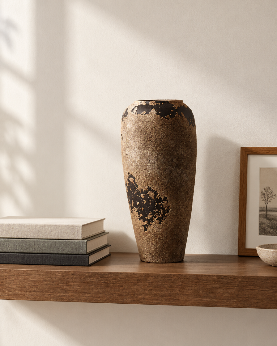 Weathered Brown Rustic Ceramic Vase on a wooden shelf