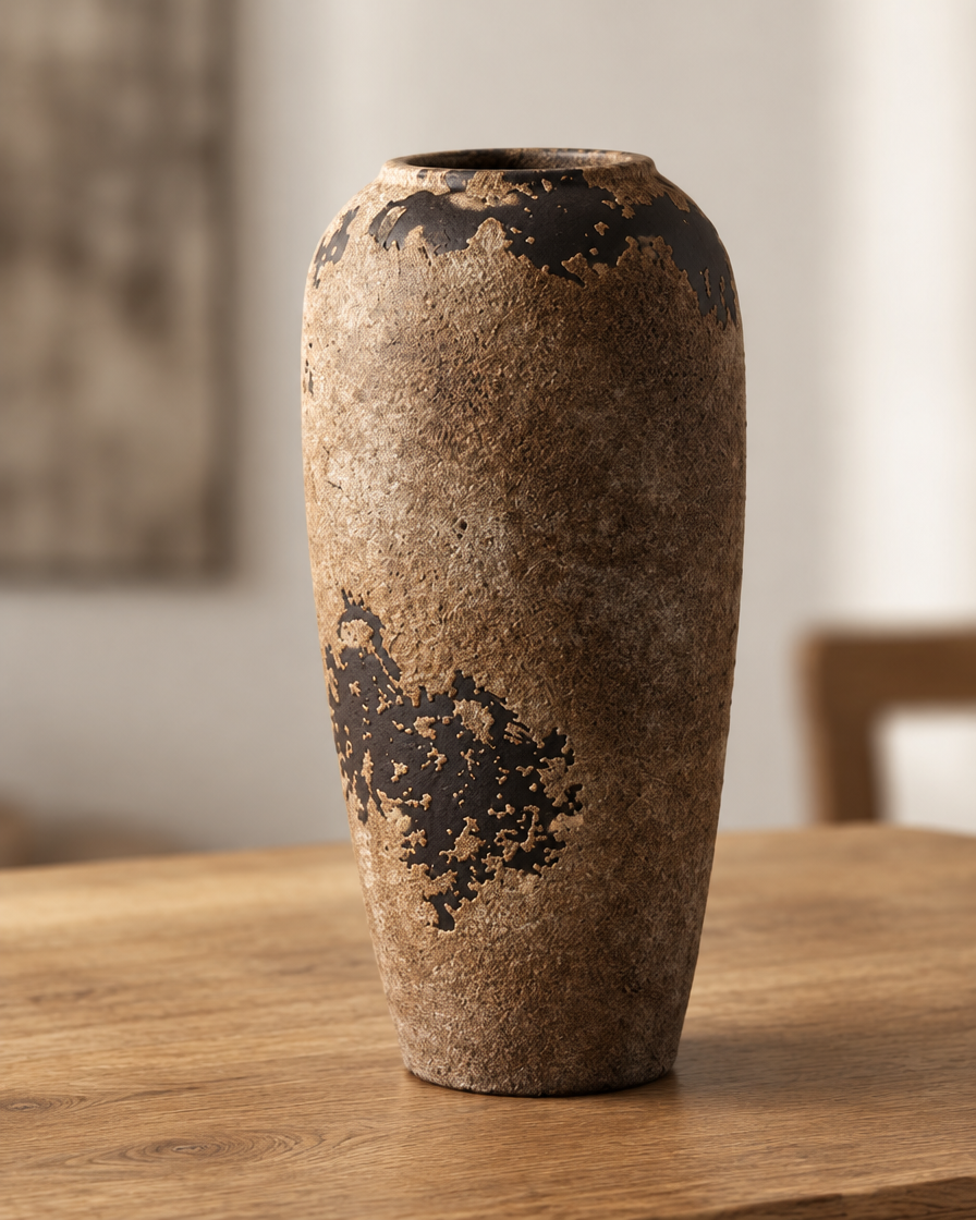 Close-up of the finish of the weathered brown rustic ceramic vase