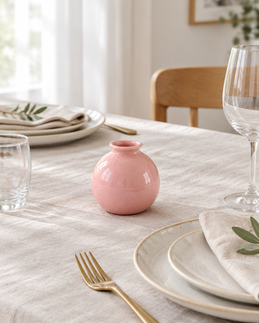 Pink Glossy Mini Round Vase on a dining table