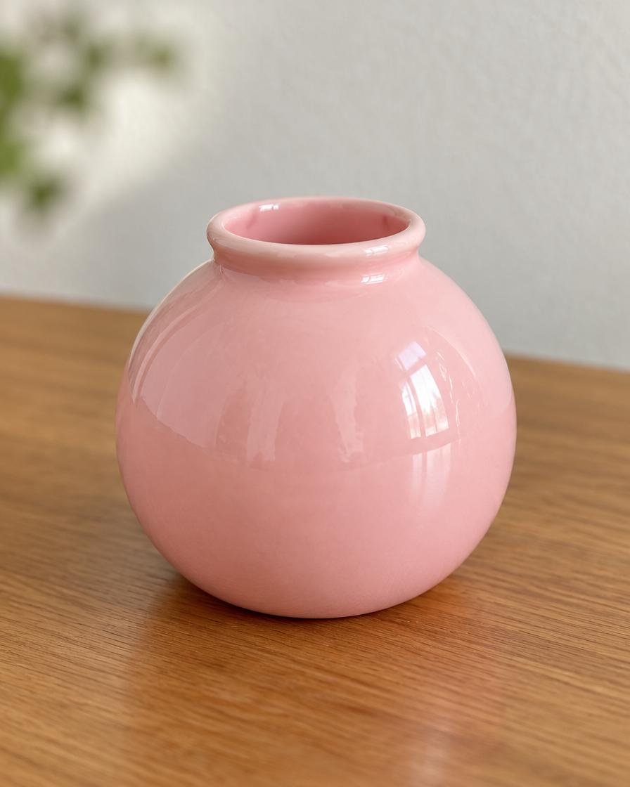 Close-up of the finish of the pink glossy mini round vase