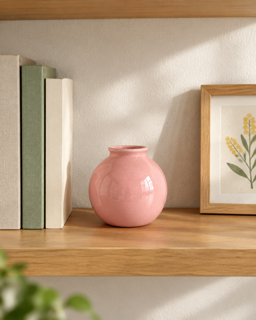 Pink Glossy Mini Round Vase on a wooden shelf