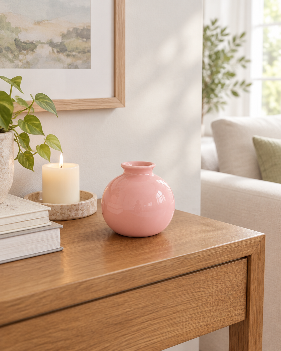 Pink Glossy Mini Round Vase on a console table