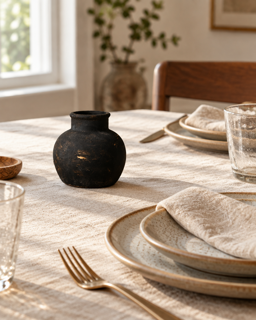 Rustic Black Distressed Ceramic Vase on a dining table