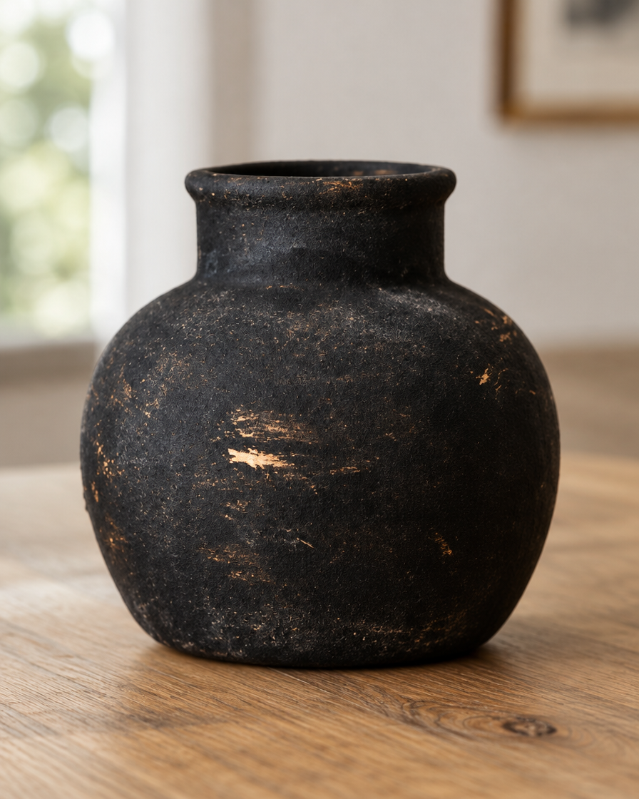 Close-up of the finish of the rustic black distressed ceramic vase