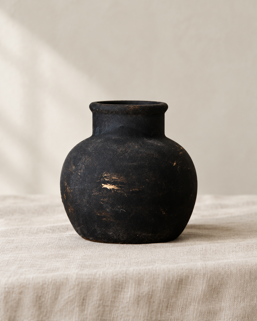 Rustic Black Distressed Ceramic Vase, shown alone on a linen background