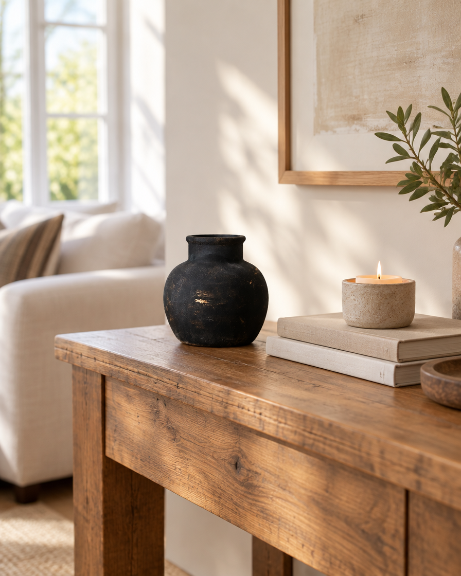Rustic Black Distressed Ceramic Vase on a console table