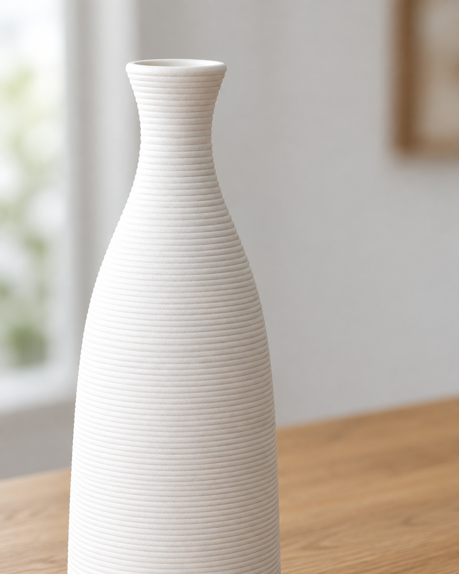 Close-up of the finish of the white ring-ribbed ceramic bottle vase