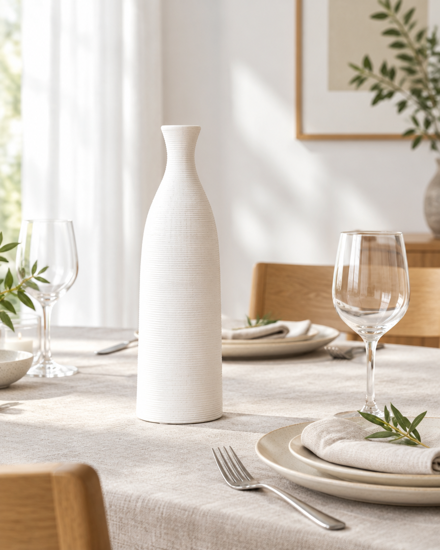 White Ring-Ribbed Ceramic Bottle Vase on a dining table