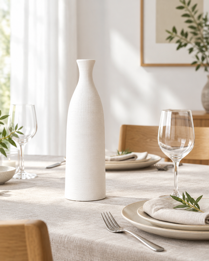 White Ring-Ribbed Ceramic Bottle Vase on a dining table