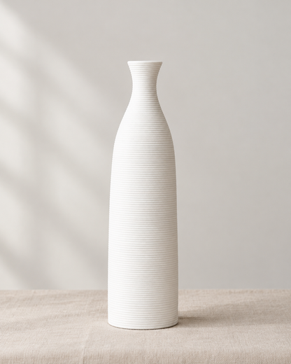 White Ring-Ribbed Ceramic Bottle Vase, shown alone on a linen background