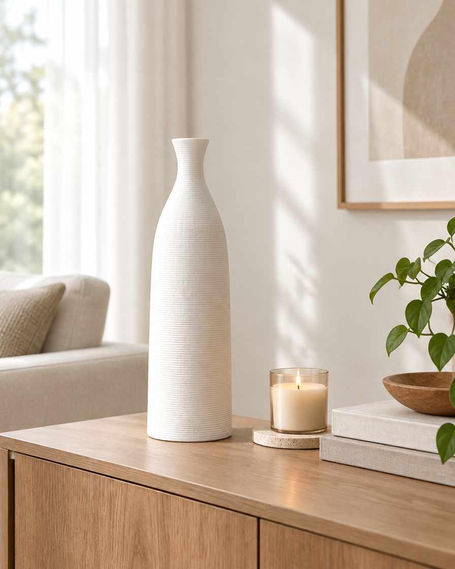 White Ring-Ribbed Ceramic Bottle Vase on a console table