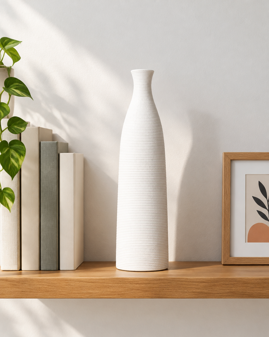 White Ring-Ribbed Ceramic Bottle Vase on a wooden shelf