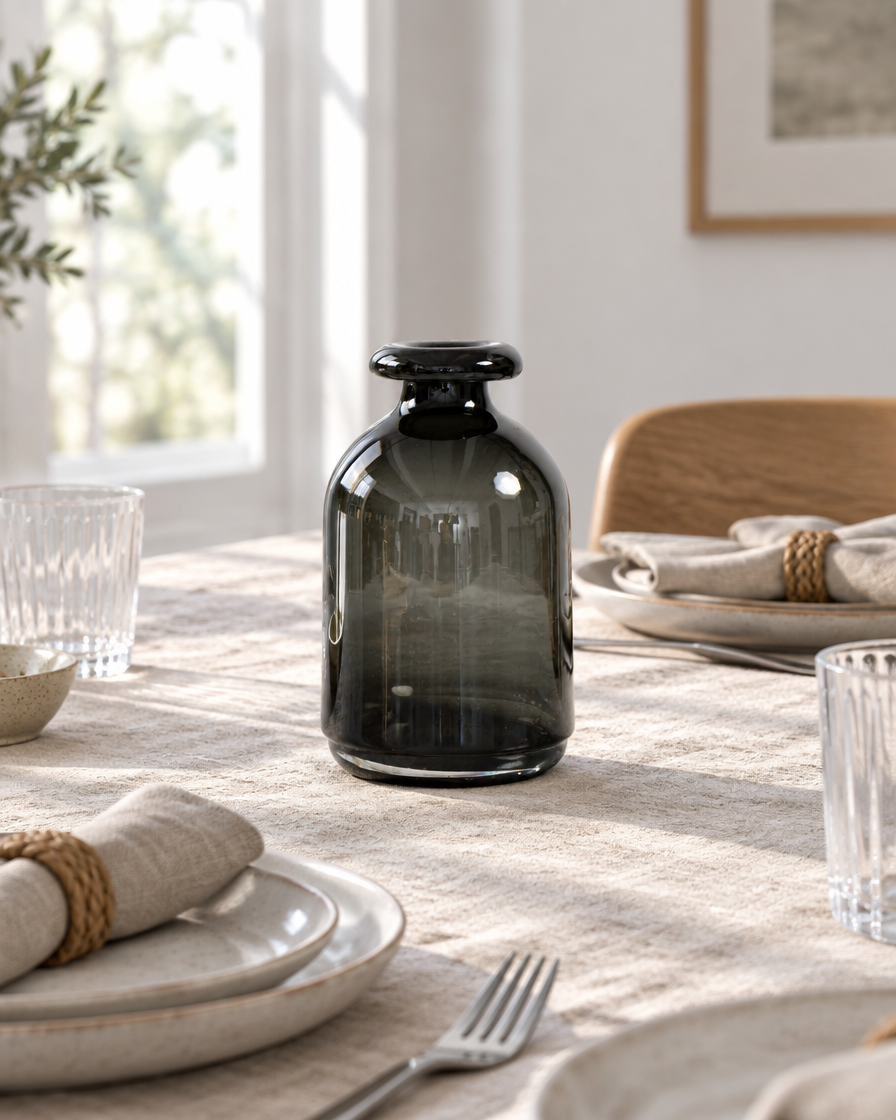Smoked Dark Grey Bottle Vase on a dining table
