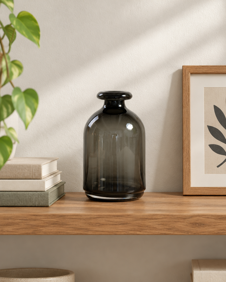 Smoked Dark Grey Bottle Vase on a wooden shelf