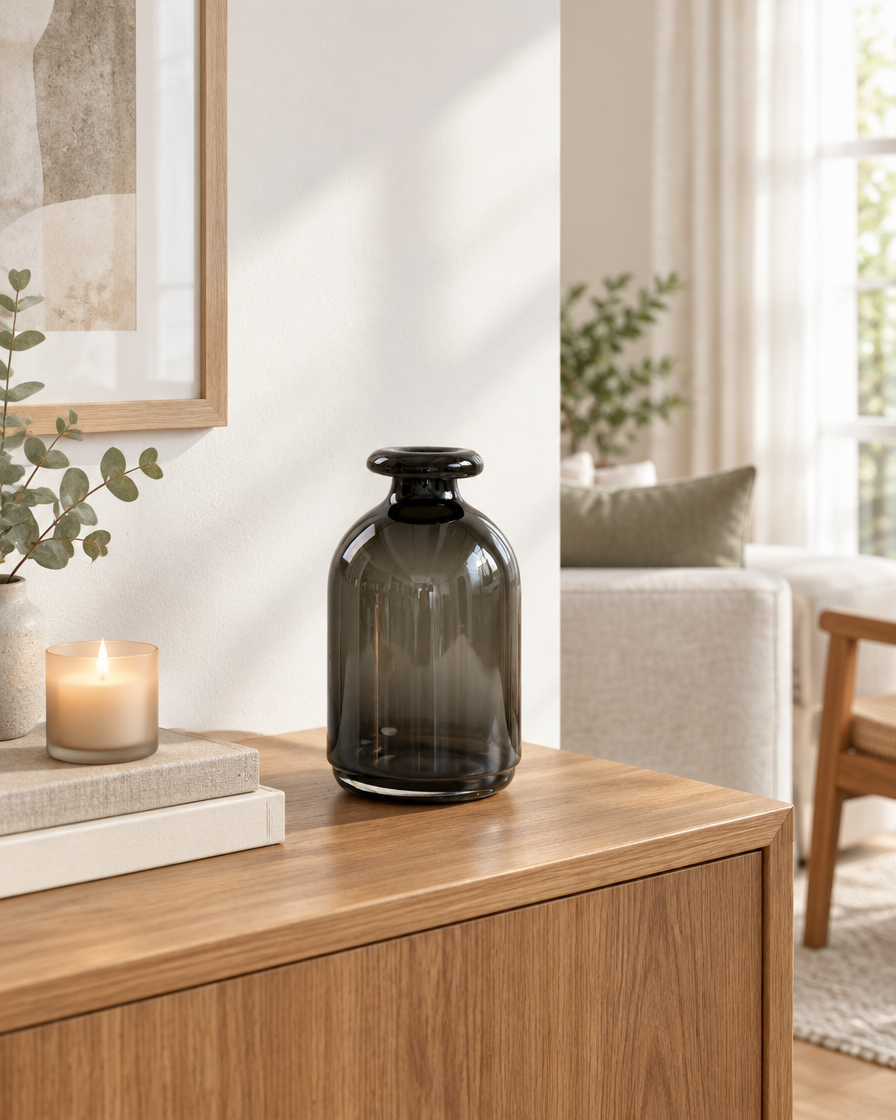 Smoked Dark Grey Bottle Vase on a console table