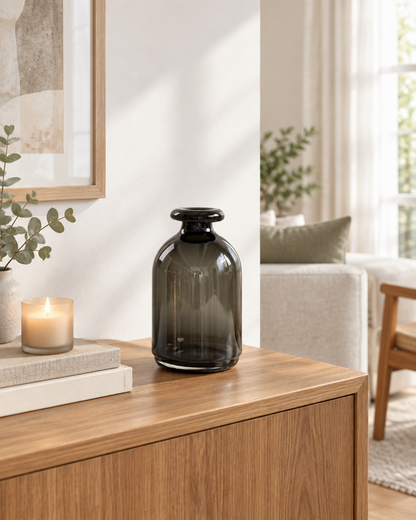 Smoked Dark Grey Bottle Vase on a console table