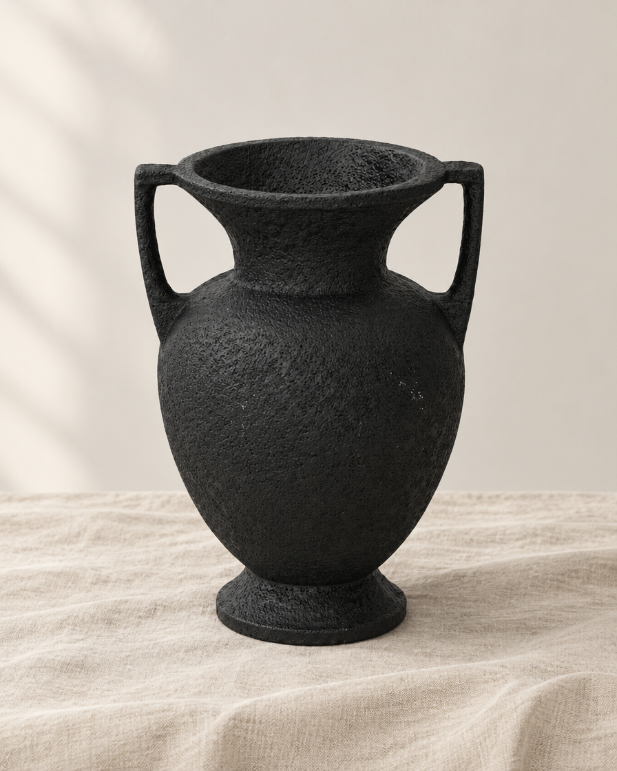 Matte Black Resin Amphora Vase with Two Handles, shown alone on a linen background