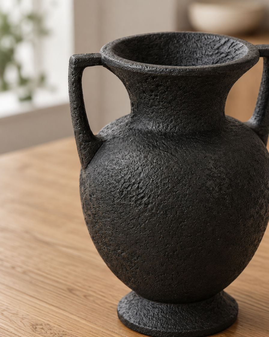Close-up of the finish of the matte black resin amphora vase with two handles