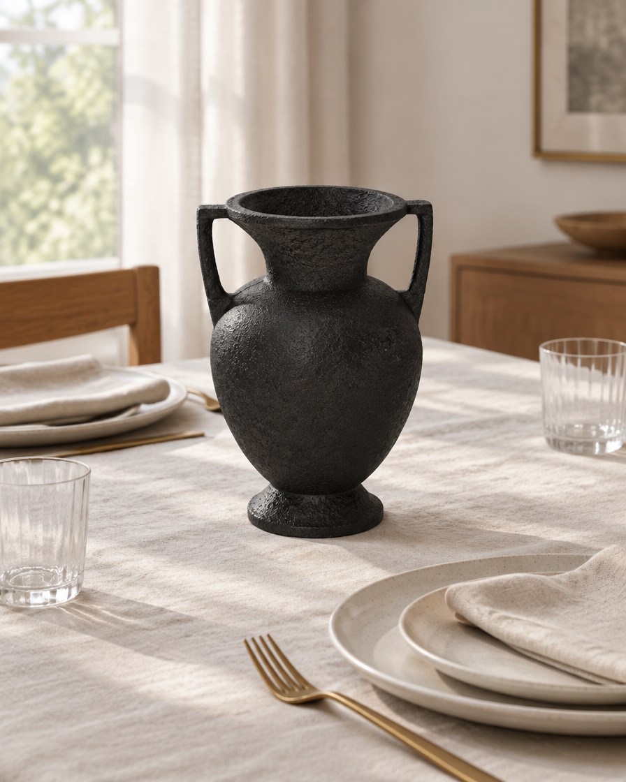 Matte Black Resin Amphora Vase with Two Handles on a dining table