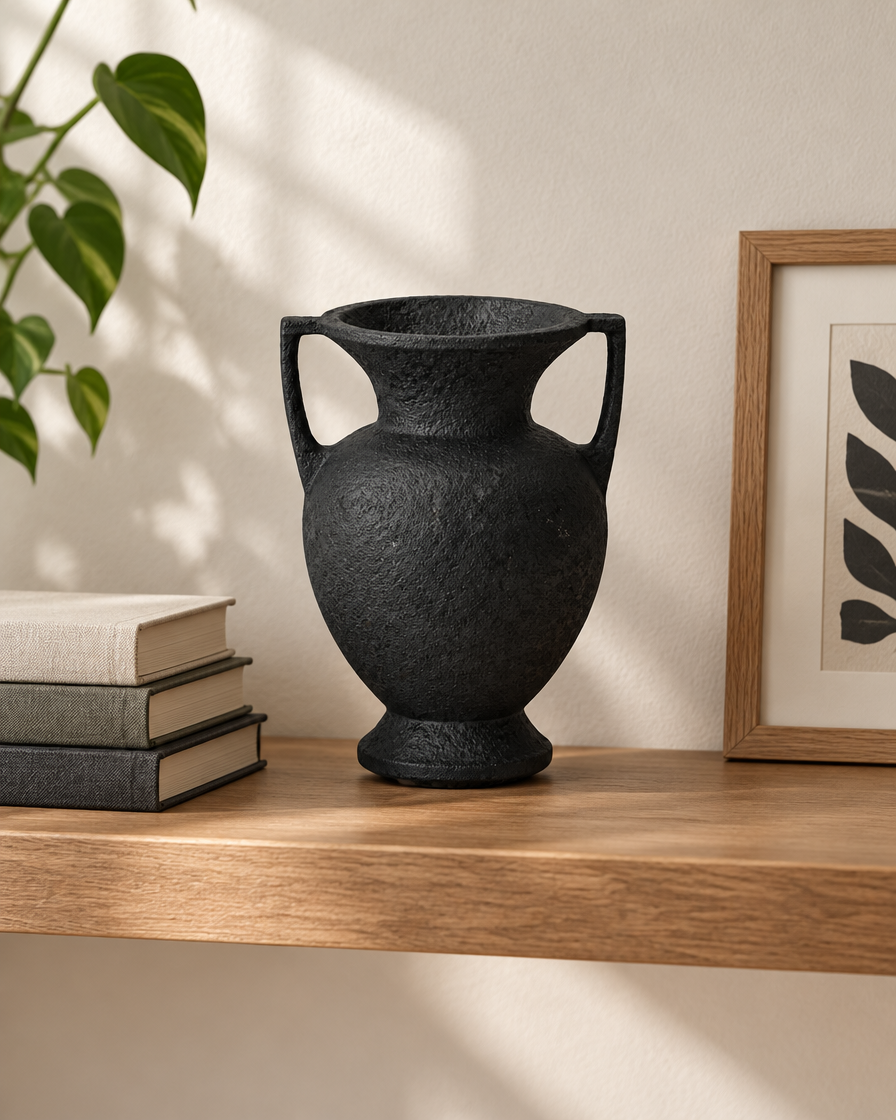 Matte Black Resin Amphora Vase with Two Handles on a wooden shelf
