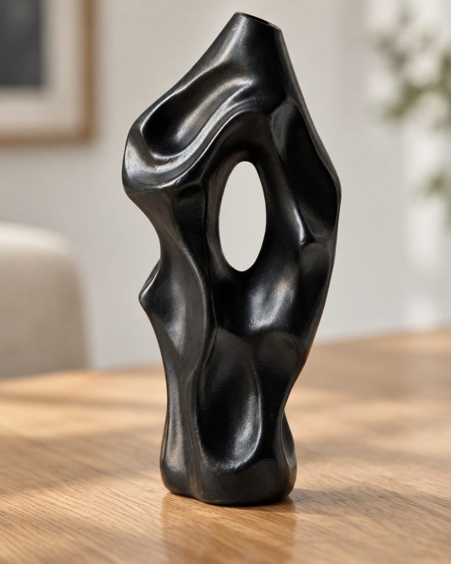Close-up of the finish of the black abstract organic sculptural vase with hollow opening