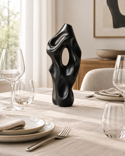 Black Abstract Organic Sculptural Vase with Hollow Opening on a dining table