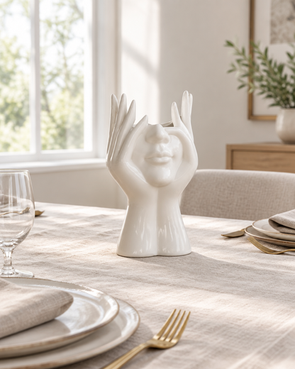 White Glossy Face and Hands Sculptural Vase on a dining table