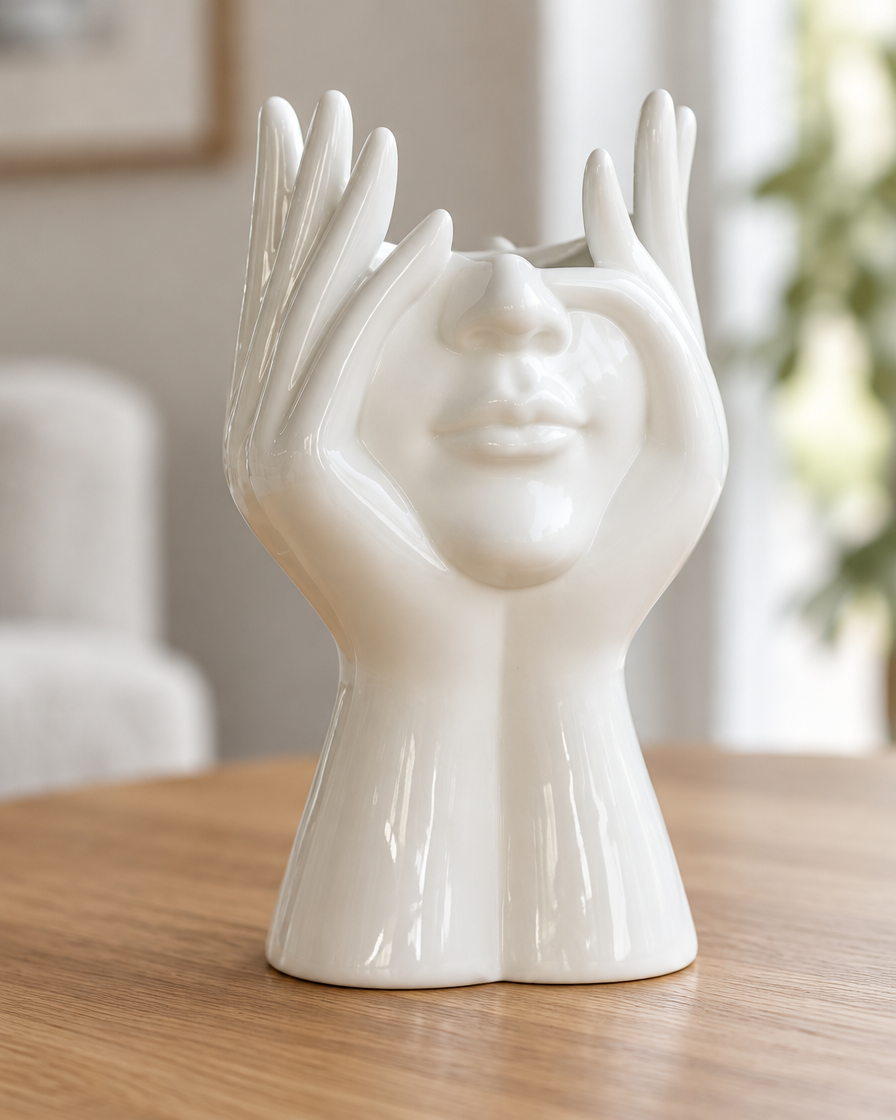 Close-up of the finish of the white glossy face and hands sculptural vase
