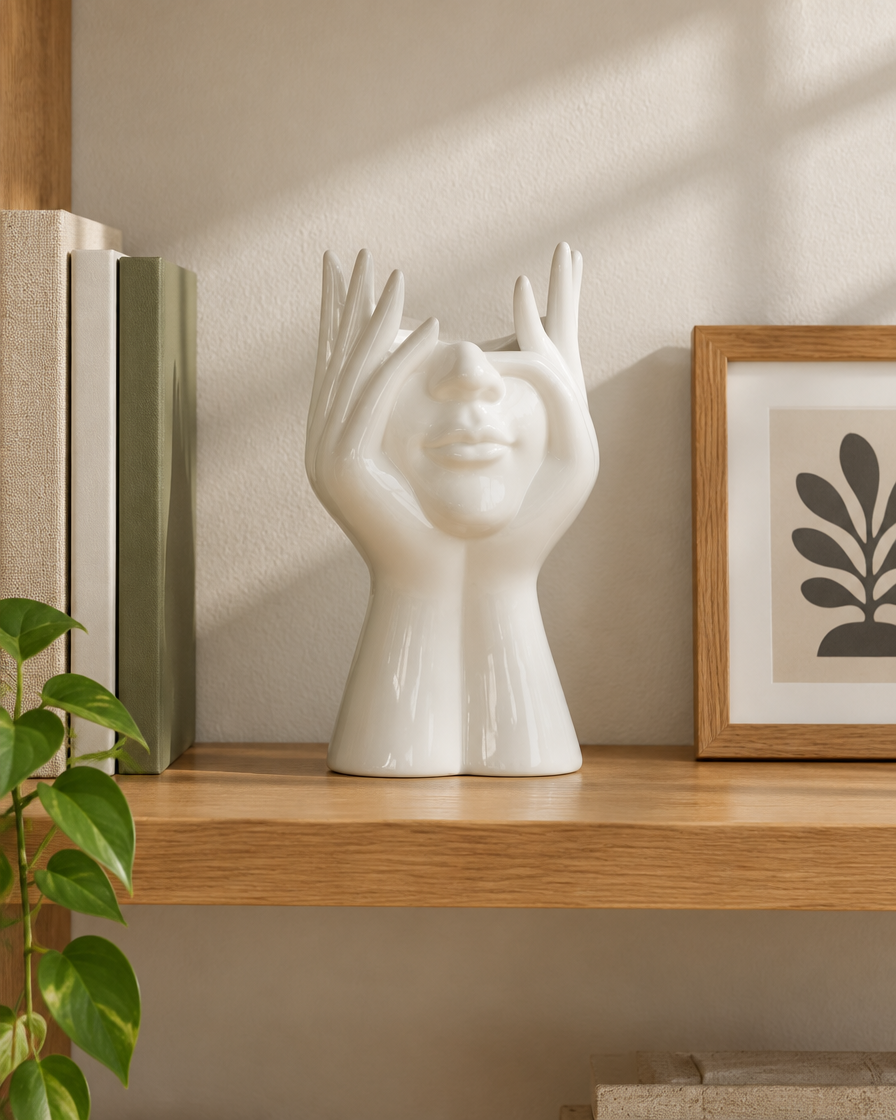 White Glossy Face and Hands Sculptural Vase on a wooden shelf