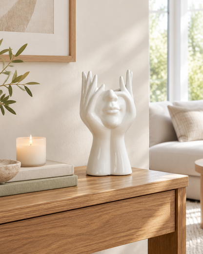 White Glossy Face and Hands Sculptural Vase on a console table