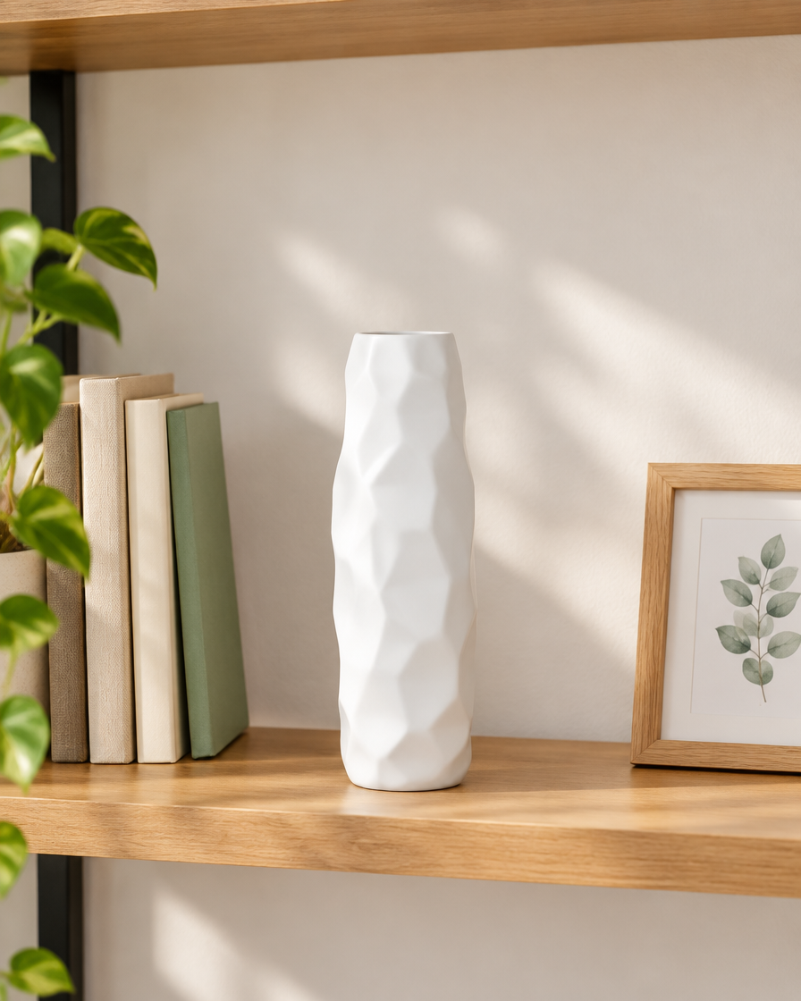 Tall White Faceted Geometric Resin Vase on a wooden shelf