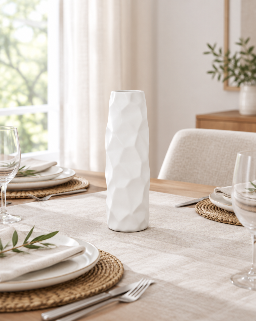 Tall White Faceted Geometric Resin Vase on a dining table