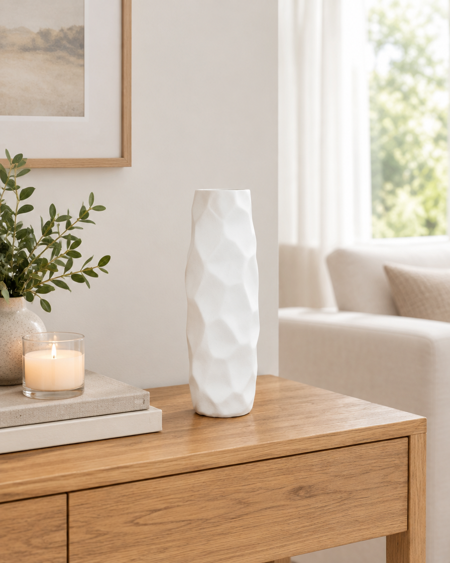 Tall White Faceted Geometric Resin Vase on a console table