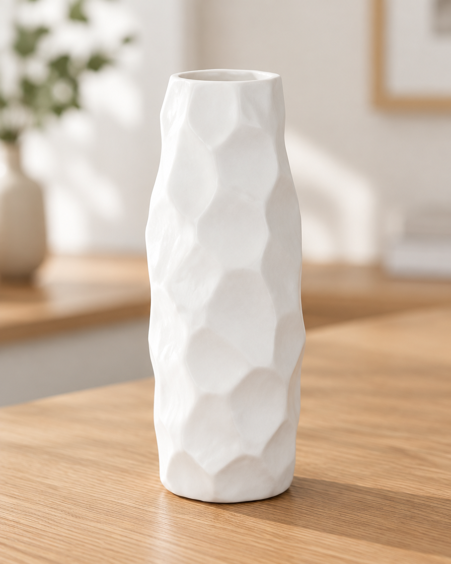 Close-up of the finish of the tall white faceted geometric resin vase