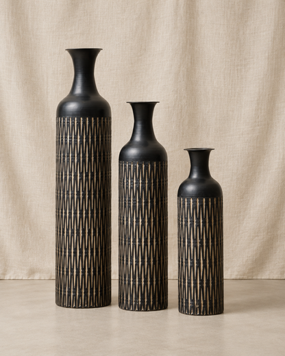 Set of 3 Black Etched Floor Vases, shown alone on a linen background
